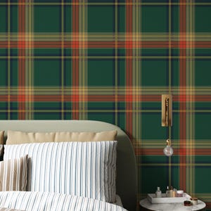 Green Tartan Plaid Wallpaper – Classic Scottish Checkered Wall Mural – Peel and Stick & Traditional Wall Decor – Vintage Rustic Design