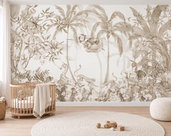 Beige Jungle Nursery Wallpaper, Monkeys and Safari Animals Tropical Wall Mural