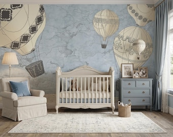 Vintage Hot Air Balloon Baby Nursery Wall Mural, Neutral Kids Wallpaper ( Peel & Stick / Traditional )