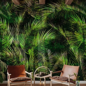 Tropical Palm Leaf Wallpaper – Dark Green Jungle Peel and Stick Wall Mural – Bold Botanical Removable Accent Wall Decor - Bathroom Wallpaper