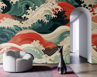 Japanese Wave Wall Mural, Ocean Art Wallpaper, Removable Wall Decor