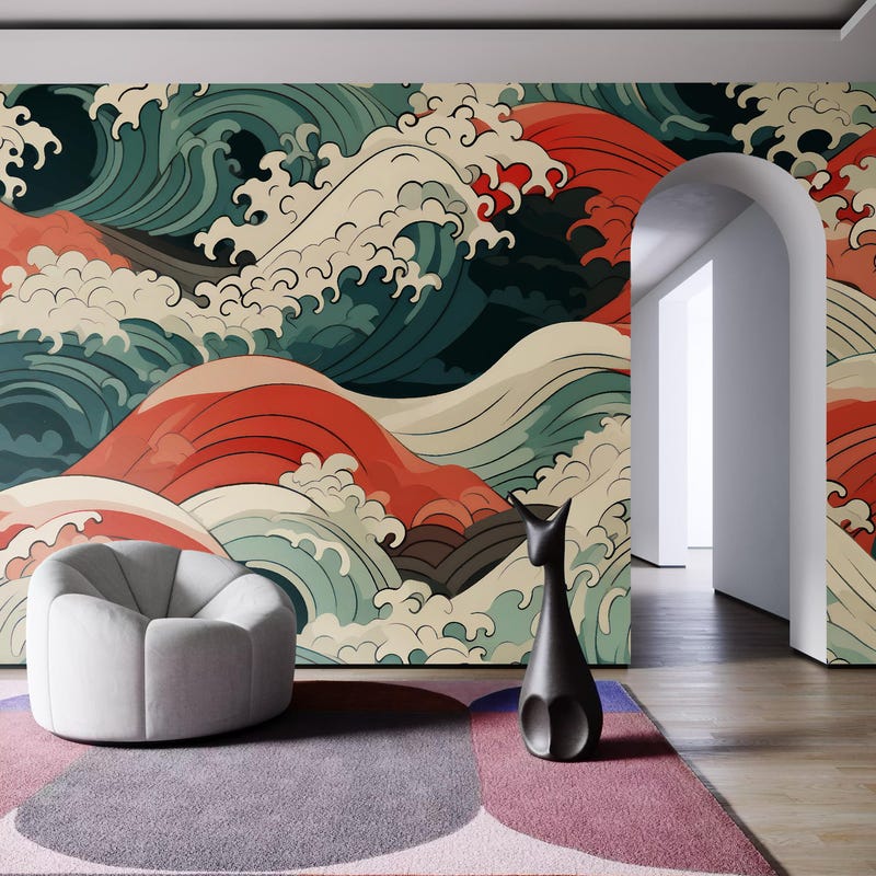 Japanese Wave Esign Japan Waves Wallpaper - Etsy