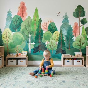 Watercolor Forest Nursery Wallpaper –  Woodland Peel and Stick Mural – Green Tree Self Adhesive Calm Wall Decor for Kids ,Baby Boy & Girl