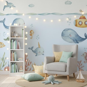 Under the Sea Animals Peel and Stick Wallpaper – Ocean Nursery Coastal Wall Mural – Cute Sea Life Self Adhesive Decor Baby Toddler Kids Room