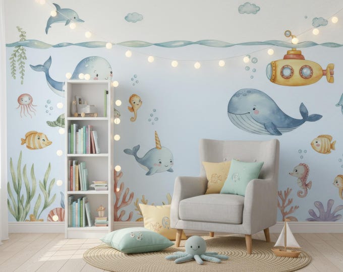 Featured listing image: Watercolor Under the Sea Wallpaper Mural, Kids& Baby Room Ocean Wall Decor