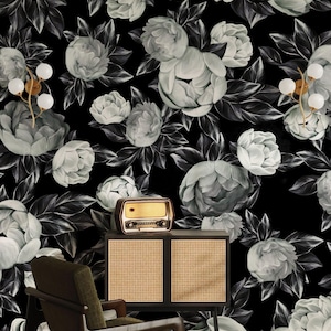 Vintage Dark Floral Wallpaper , Peel and Stick Black Botanical Gothic Peony Wall Mural, Moody Elegant Large Flower Self Adhesive Vinyl Roll
