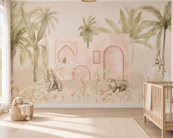 Boho Monkey Nursery Wallpaper, Palm Trees and Blush Arches Watercolor Oasis Mural