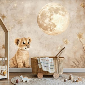 Safari Cute Baby Lion Nursery Mural Wallpaper –  Watercolor Peel and Stick Lion Cub and Moon Boho Wall Poster for Baby Room & Kids Room Boys