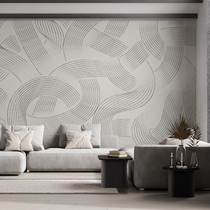 Modern Abstract Peel and Stick Wallpaper – Removable Grey Line Art Wall Mural | Minimalist Wall Décor for Living Room, Bedroom & Office