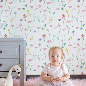 Pink Pastel Floral Nursery Peel and Stick Wallpaper – Watercolor Wildflower Removable Wall Mural for Baby Girl Room,Colorful Kids Room Decor