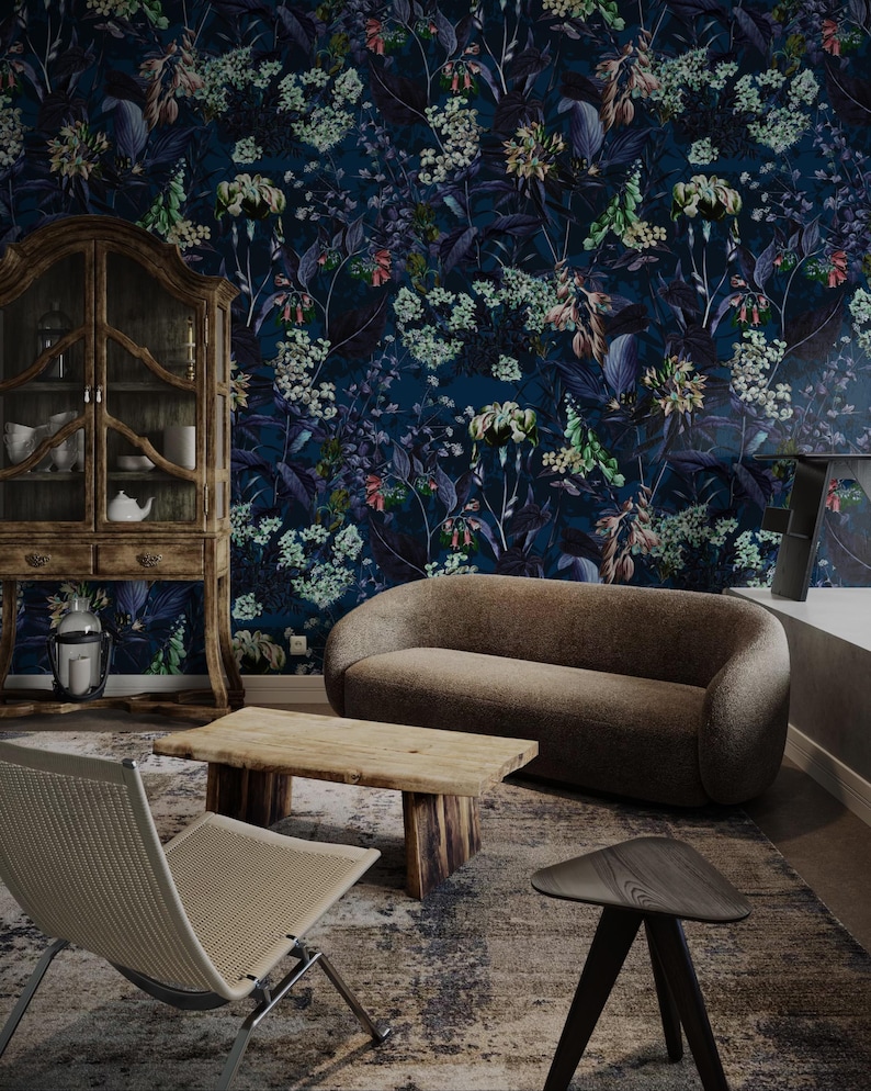 Navy Blue Floral Peel and Stick Wallpaper: Vintage Botanical Wall Mural ...