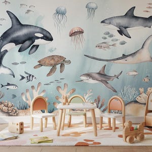 Peel and Stick Ocean Wall Mural – Removable Under The Sea Coastal Wallpaper for Kids Room , Nursery  – Soft Blue Nautical Playroom Decor