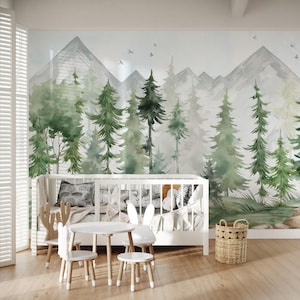 Watercolor Woodland Forest Removable Nursery Wallpaper  – Peel and Stick Green Pine Tree Mural - Kids  Baby or Toddler Room Wall Decor