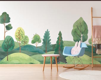 Watercolor Woodland Nursery Wallpaper: Peel and Stick Forest Mural