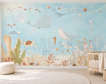 Whale Nursery Wallpaper, Watercolor Ocean Wall Mural with Coral and Sea Animals