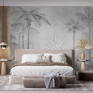 Tropical Monochrome Peel and Stick Wallpaper Mural – Jungle Palm Tree Black White Removable Botanical Wallpaper - Bedroom Living Room Decor