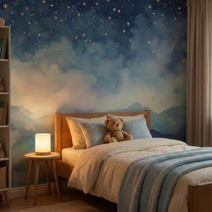 Starry Night Sky Wallpaper: Watercolor Clouds, Gold Stars Mural ( Peel and Stick or Traditional )