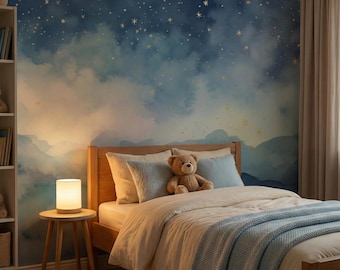 Starry Night Sky Wallpaper: Watercolor Clouds, Gold Stars Mural ( Peel and Stick or Traditional )