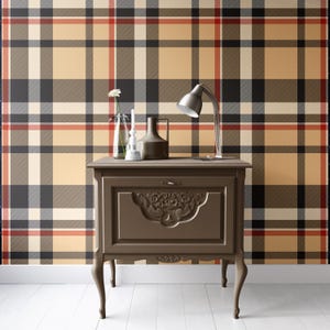 Beige Brown Plaid Removable Peel and Stick Wallpaper – Cozy Tartan Farmhouse Wall Mural | Vintage Checkered Rustic Decor Bedroom & Entryway