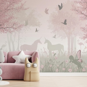 Peel and Stick Unicorn Fairy Forest Nursery Wallpaper – Removable Pink Mural for Baby Girl Room – Magical Woodland Self Adhesive Wall Decor