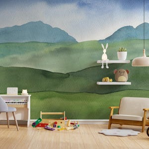 Watercolor Mountain Landscape Nursery Wallpaper - Removable Peel and Stick Mural for Baby Room Kids Bedroom Playroom Self Adhesive Decor