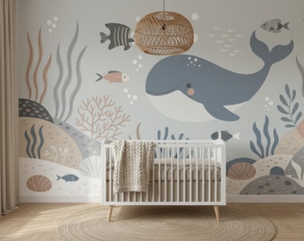 Whale Nursery Wallpaper Mural: Coastal Ocean Peel and Stick Wall Decor
