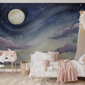 Watercolor Moon and Stars Night Sky Self Adhesive Wall Mural for Kids Room , Nursery – Dreamy Celestial Peel and Stick Wallpaper Home Decor