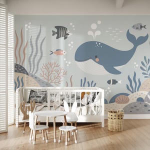 Whale Ocean Nursery Wallpaper Mural for Baby Kids Room Under the Sea Coastal Peel and Stick or Non Self Adhesive Traditional Wall Decor