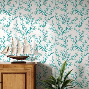 Coastal Coral Bathroom Wallpaper Mural – Aqua Blue and White Ocean-Inspired Wall Art for Beach House, Powder Room or Nautical Home Deco