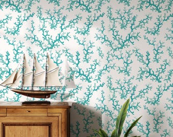 Coastal Coral Bathroom Wallpaper Mural – Aqua Blue and White Ocean-Inspired Wall Art for Beach House, Powder Room or Nautical Home Deco