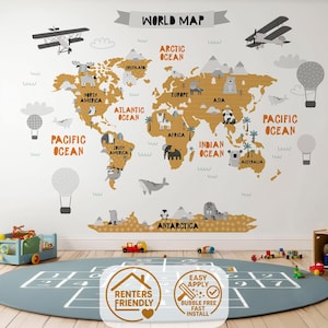 Kids World Map Nursery Wallpaper Peel and Stick, Educational Animal Wall Mural for Baby Room or Playroom, Removable Renter Friendly Decor