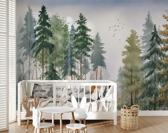 Watercolor Forest Peel and Stick Wallpaper Mural: Woodland Nursery Decor