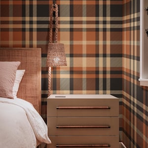 Brown Autumn Plaid Checkered Wallpaper – Vintage Tartan Rustic Farmhouse Wall Mural –  Peel and Stick or Traditional – Cozy Retro Wall Décor