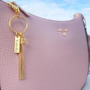 Custom Metal Tassel Purse Charms • Laser Engraved Charm - Customized • Phone, Keychain, Rear View Mirror • Bag Accessory Gold & Silver