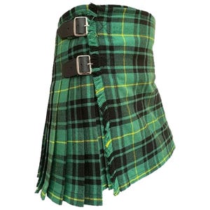 May include: A green and black kilt with a yellow stripe and a black leather strap with buckles.