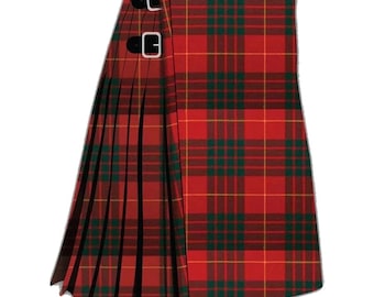 May include: A red and green plaid kilt with black straps and silver buckles. The kilt features a pleated design on the left side and a flat panel on the right. The tartan pattern includes yellow accents.
