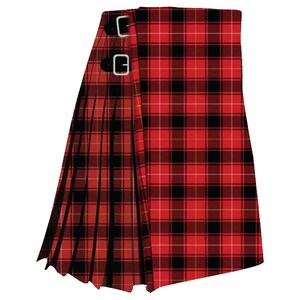 May include: A red and black kilt with a pleated front and a plain back. The kilt has a buckle on the side.