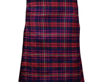 May include: A red, black, and yellow tartan kilt with a black trim. The kilt is made of a woven fabric and has a traditional design.