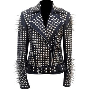 Women&#39;s Studded Leather Jacket - Cowhide Leather Spiked Gothic Punk Rock Motorbike Jacket in Blue, Black & Custom Colors