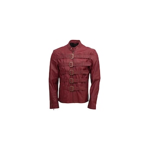 Men&#39;s Maroon Cowhide Leather Biker Jacket: Belted Cosplay Motorcycle Jacket