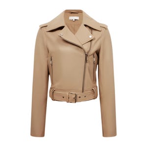 Beige Lambskin Leather Biker Jacket: Women&#39;s Asymmetrical Moto Jacket