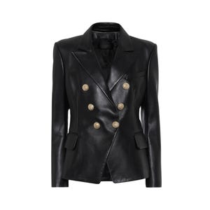 Lambskin Leather Blazer: Women&#39;s Black Double-Breasted Designer Jacket