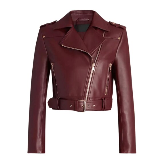Maroon Cropped Leather Biker Jacket for Women – Stylish Lambskin