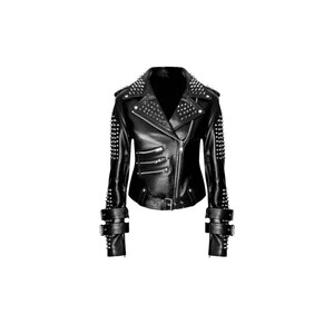 Stylish Handmade Women&#39;s Black Punk Leather Jacket with Silver Spikes, Brando Style Punk Silver Spiked Woman Studded Cowhide Leather Jacket