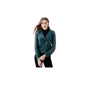 Studded Leather Jacket in Jade Green - Women&#39;s Full Green Punk Silver Long Spiked Studded Leather Brando Jacket Women&#39;s Studded Jacket