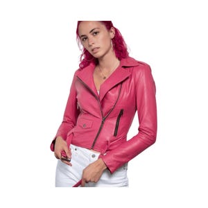 Girly Glam Barbie Pink Leather Jacket - Handcrafted Moto Biker Coat in Real Cowhide Leather