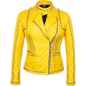 Women’s Yellow Studded Biker Jacket – Silver Spiked Punk Moto Jacket, Custom Colors Available