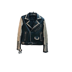 Silver Studs Black Leather Jacket for Women - Handcrafted Punk Style, Woman Studded Cowhide Leather Jacket Front Zipper Brando Fashion Party