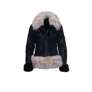 Women’s Black Shearling Sheepskin Jacket with Fox Fur Collar – Real Sheepskin Winter Coat – Luxury Fur Trim Jacket – Custom Size Available