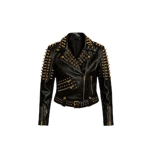 Women Golden Studded Leather Jacket – Real Cowhide Biker Jacket with Spikes, Punk Rock Style